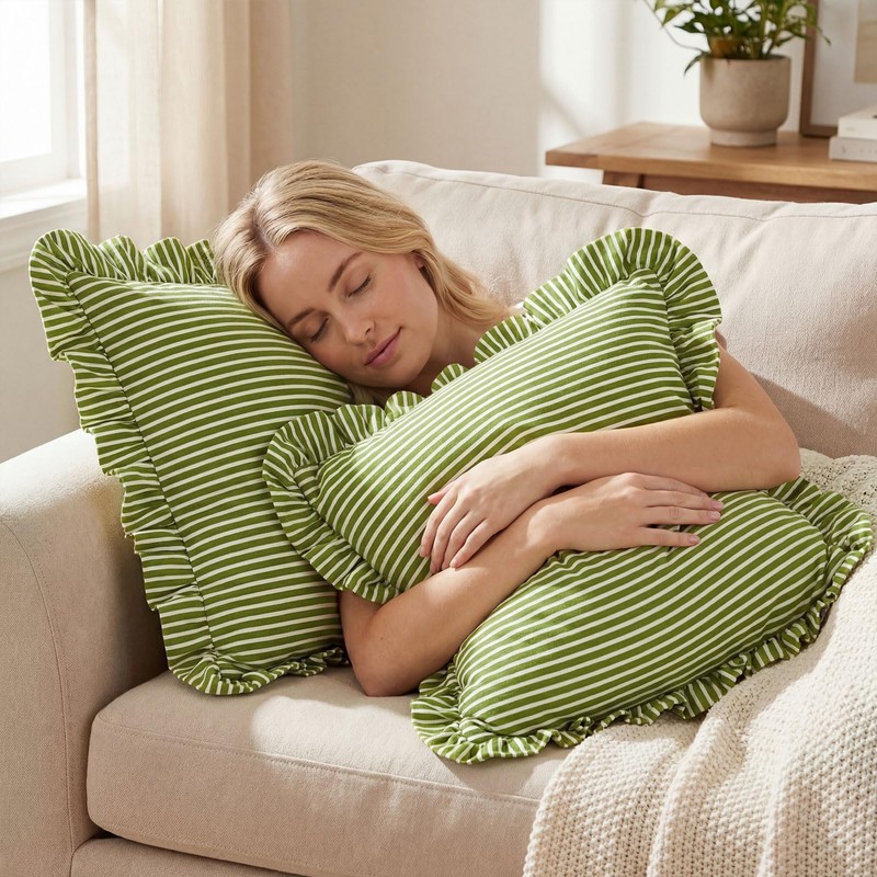 HunnmingRe 2 Pack Green White Striped Ruffle Throw Pillow Covers