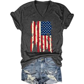 American Flag Shirts for Women 4th of July Tshirt USA Print Patriotic V-Neck Tee Stars and Stripes Short Sleeve Tops(Dark Gray1,L)