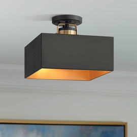 Possini Euro Design Artemis 12" Modern Semi Flush-Mount Ceiling Light Fixture Kitchen Foyer Hallway 2-Light Black Gold Finish Metal Bedroom Bathroom Entryway Living Room Indoor Office Mini