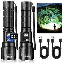 Wdtpro LED Rechargeable Flashlights High Lumens 2Pack, 6000LM Super Bright Flashlight, Zoomable Powerful Camping Flashlights with LCD Digital Display, 3 Modes Waterproof Flash Light for Home Emergency