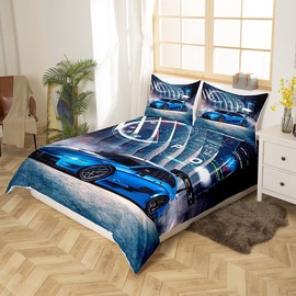 Racing Car Duvet Cover Set, 155 x 220 cm, for Boys, Men, Racing Car Bedding Set, Racing Sports, Fashionable Bedroom Decorations, 2-Piece Set with 1 Pillowcase, Blue-Grey