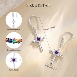 FANCIME Amethyst Cross Dangle Drop Earrings 925 Sterling Silver Dainty Round February Birthstone Earring Fine Jewelry Birthday Gifts for Her Women