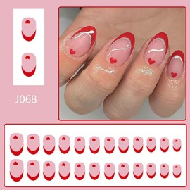 Red French Tips Press on Nails Medium Fake Nails with Red Heart Design Silver Glitter Almond False Nails Glossy Valentines Nails Reusable Red Nails for Women Girls Manicure 24pcs