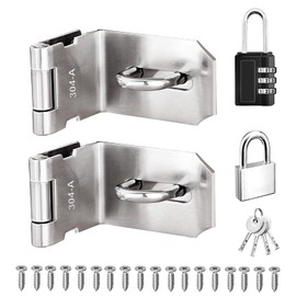 Sunxeke 2PCS 4 Inch Door Locks Hasp Latch 90 Degree with Combination Lock and Padlock,304 Stainless Steel Safety Right Angle Packlock Hasp Lock Latch,Extra Thick Hasp Lock Latch with Screws