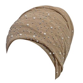Lina & Lily Sparkle Chiffon Hijab Shawl Scarf Head Turban Headband with Silver Rhinestones (Beige)