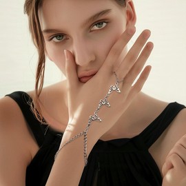 Frigotine Silver Butterfly Hand Chain Ring Bracelet for Woman, Dainty Harness Chain Finger Ring Slave Bracelets Adjustable Summer Beach Jewelry Gifts