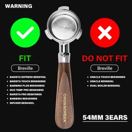 CrossCreek Espresso Portafilter | 54mm Bottomless Portafilter with 3 Ear and Walnut Handle | Fits 54mm Breville Bambino/Barista/Infuser BES450, BES500, BES880, BES810BSS, BES860XL, BES870XL, BES878