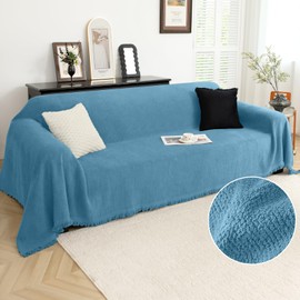 Arfntevss Sofa Covers for 3 Cushion Couch Fleece Sectional Couch Covers with Tassel Soft Plush Warm Sofa Throw Cats Pets 3 Seat Slipcovers Fuzzy 1-Piece Furniture Protector (91" x 142", Light Blue)