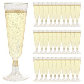 lbxtswpl Plastic Champagne Glasses, Pack of 30 Champagne Glasses, 150 ml with Gold Glitter Champagne Glasses, Cocktail Glasses, Reusable Plastic Champagne Flutes for Birthday, Wedding, Party, Picnics