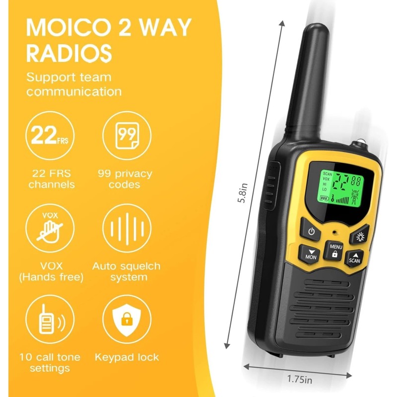 MOICO 4 PACK Long Range 100 mile Walkie Talkie Two