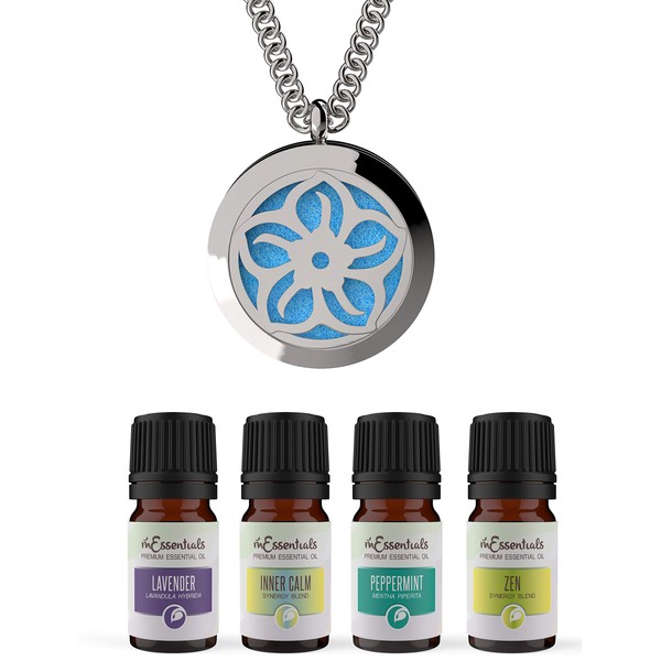 Wild Essentials Lotus Essential Oil Diffuser Necklace Stainless Steel Locket Pendant with 24" Chain+ 4 Essential Oils (Lavender Peppermint Inner Calm Zen) Gift Set