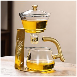 Lazy Kungfu Magnetic Tea Pot, Semi Automatic Glass Teapot, Lazy Kungfu Drip Teapot, Magnetic Attraction Water Rotating Cover Bowl Suitable for Home/Office Reception Tea Set (Golden Koi Fish)