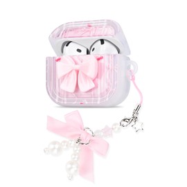 DiyGody Cute Case Compatible with Airpods 4th Generation with Key Ring, Ultra Thin TPU Protective Case with Cherry Bow Tie Pattern for Women, Shockproof, Non-Slip, Anti-Dust, No Odour Case