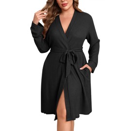 Ekouaer Women's Plus Size Robe Waffle Knit Bathrobe Short Lightweight Kimono Robes with Pockets Maternity Robe 1x-5x