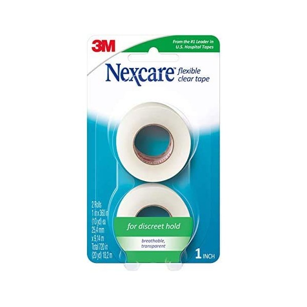 Nexcare Flexible Clear Tape, Tough, It’s clear, Stretchy Design Conforms To Hard To Tape Areas, 1-Inch x 10-Yards (Pack of 2)