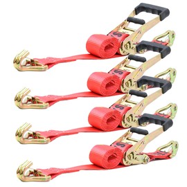 BoxerTool Heavy Duty Car Tie Down Kit with J Hook Safety Latch - Break Strength 10,000 lbs-Working Load 3333 lbs – 2” x 114” Premium Red Strap (4 Pack)