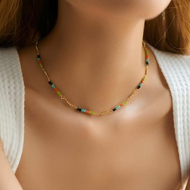 ALRNBY Colorful Flower Choker Necklace for Women Boho Trendy Gold Chain Necklace Stainless Steel Beaded Chain Necklace Cute Dainty Jewelry Gift Non Tarnish