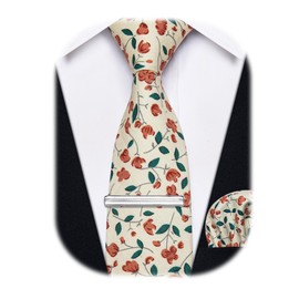YourTies Champagne Cotton Floral Tie for Men 2.5" Printed Skinny Necktie Pocket Square Tie Clip Set Flower Wedding Groom