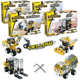 Construct IT Miniature Constructables 4 Pack Set - Yellow - 70-100 Pieces Toy Car, Toy Motorbike, Toy Tank Construction Set - STEM Toys for 8+Year Olds - Build Your Own Mini Vehicles
