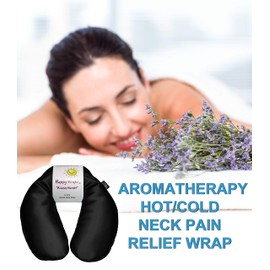 Happy Wraps Microwavable Herbal Neck Wrap - Hot Cold Aromatherapy Neck Warming Pillow - Heating Pad for Migraines, Stress, Gifts for Women, Birthdays, Christmas and Free Sleep Mask - Onyx Satin