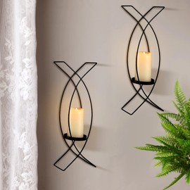 Vesici Candle Sconces Set of Two Metal Wall Candle Holder Wall Mounted Sconces Decorative Iron Holder for Living Room Bedroom Dining Room Decorations(Black)