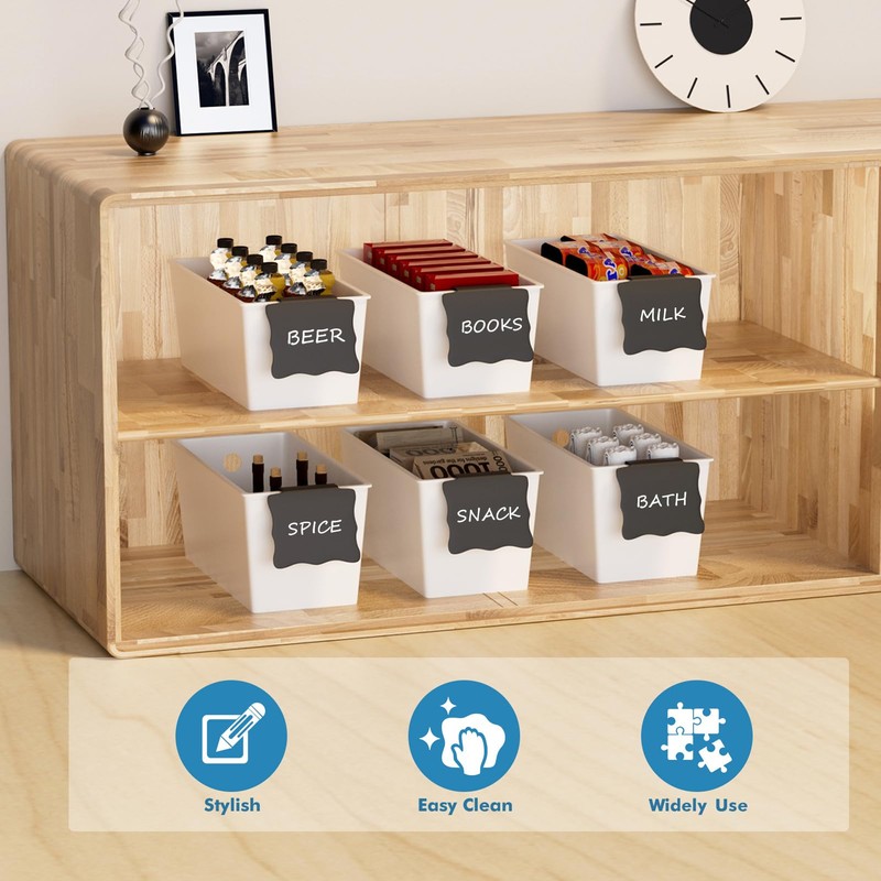 Plastic Storage Bins 6 Pack with Clip Labels & Chalk