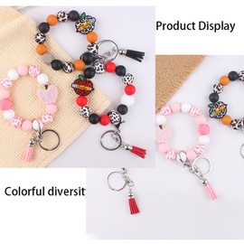 Silicone Bead Apple Keychain Wristlet Bracelet for Teacher,Leopard Wristlet Bangle Keyring Back to School Gifts from Student (Pink Apple)