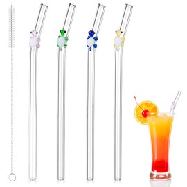 4 Pcs Reusable Glass Straws with Turtle Charm, Shatterproof Cute Clear Bent Drinking Straw, Includes 1 Cleaning Brush, Perfect for Party Drinks, Cocktails, Juice (Turtle)