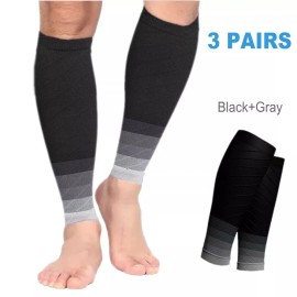 TOPCSA 3x Calf Sleeve Leg Support Compression Socks Running Shin Splint Varicose Vein - Black+Gray - 3pairs