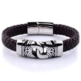 Planetys - Anchor Bracelet Men and Women Black Braided Leather Made of 316L Stainless Steel, Leather