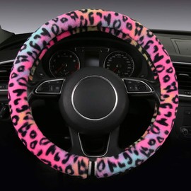 HEHA Fluffy Steering Wheel Cover for Women,Girly,Fuzzy Steering Decor,Plush, Leopard Print,Sweat-Absorb,Universal 15 Inch,Red (Fluffy-Leo)