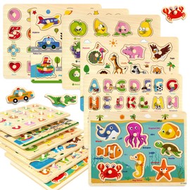edutree Wooden Peg Puzzles for Toddlers 2-4, 6 Pack Educational Peg Puzzles Montessori Toys, Learning Puzzles for Kids Girs Boys 1-3 3-5 with Alphabet Number Animal Vehicle Shape