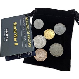 IMPACTO COLECCIONABLES WW2 World Currency - 6 Nazi Coins Issued from 1936/45 - Third Reich WW2 Memorabilia - Axis Velvet Bag Collection