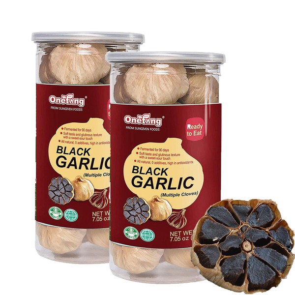 ONETANG Black Garlic Natural Fermented Black Garlic Multiple Cloves 90 Days Ready to Eat Salad High in Antioxidants 7.05 oz( 200G)（pack of 2）