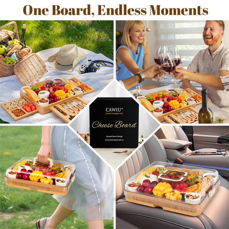CAWIU Charcuterie Board with Lid – Large Bamboo Cheese Board