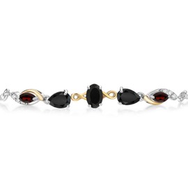 Gem Stone King 925 Silver and 10K Yellow Gold Black Onyx Red Garnet and nd White Lab Grown Diamond Tennis Bracelet For Women (1.52 Cttw, Gemstone Birthstone, Fully Adjustable Up to 9 Inch)