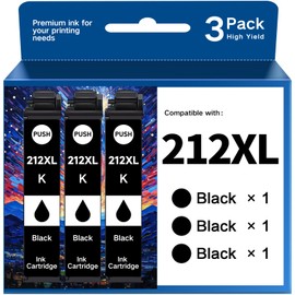 212 XL High Yield Remanufactured for Epson 212 Black Ink 212XL T212 T212XL Ink Cartridges for Epson XP-4100 XP-4105 WF-2850 WF-2830 Ink Cartridges (3 Black Pack)