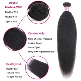 Kinky Straight Human Hair Bundles Yaki Straight Human Hair Extensions 100% Unprocessed Brazilian Remy Kinky Straight Human Hair, Natural Black (16 18 20 Inch, 3 Bundles)