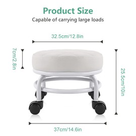 FURWOO Low Roller Seat PU Leather Rolling Stool Step Stool Mechanic Stool on Wheels for Home Office Garage Shop White