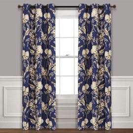 Lush Decor, Navy and Taupe Farmhouse Bird and Flower Insulated Grommet Blackout Window Curtain Panel Pair, 84" x 38", 84 in x 38