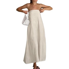 LXYZXZ Aesthetic Dress Strapless Linen Maxi Dress Linen A-Line Strapless Dress for Vacation and Going Out Dress (White,Small)
