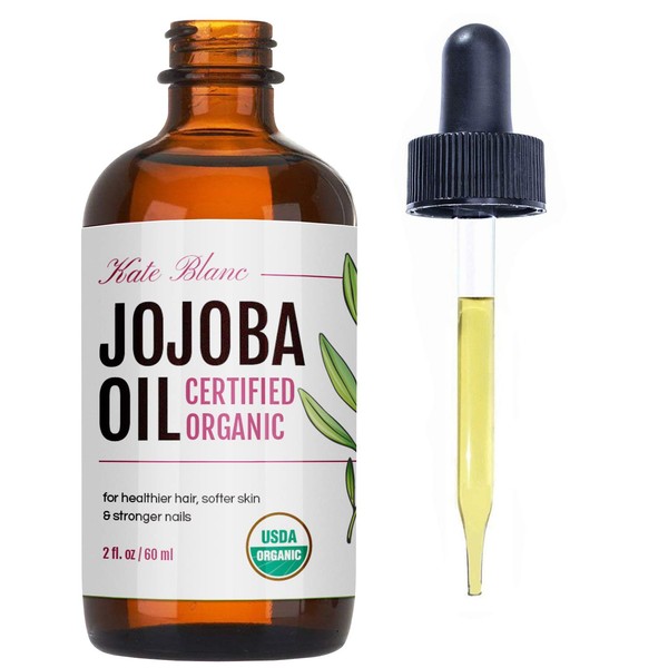 Kate Blanc Cosmetics Jojoba Oil for Hair Growth, Skin & Face (2oz) Facial Oil for Gua Sha Massage. 100% Pure & Natural Hair Oil Moisturize Nails, Ear, Scalps, Cuticles