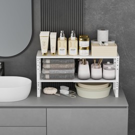 Jojocross Expandable Cabinet Shelf Organizer Storage Spice Rack Shelves for Kitchen Stackable Adjustable Pantry Cupboard Bathroom Countertop Desktop(2Packs/White/Large-with Hole)