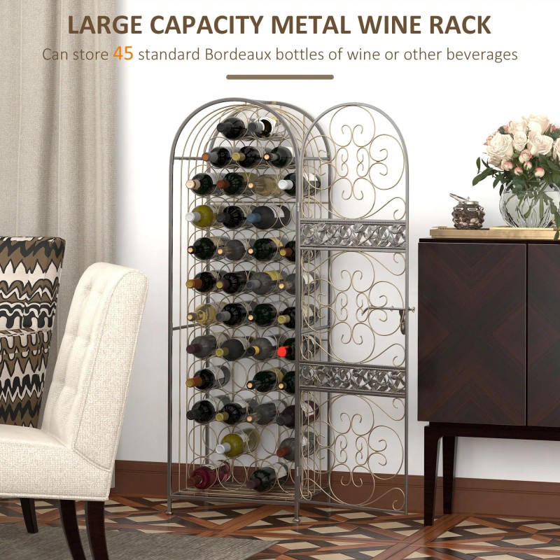 Antique Bronze 45-Bottle Wrought Iron Wine Rack with Lock Elegant
