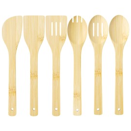 MeoZynxadril Set of 6 Kitchen Utensils Set, Bamboo Cooking Spoon, Kitchen Accessories for Cooking, Spatula Set, Kitchen Utensils, Cooking Spoon, Mixing Spoon, Spatula, Perforated Ladle, Pasta Spoon
