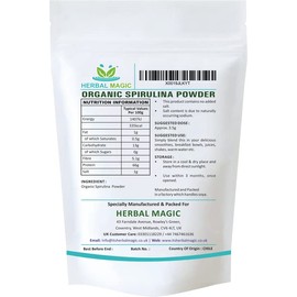 Herbal Magic's Organic Spirulina Powder - Sparkle Your Smoothies, Shakes - Ideal for Trainers on a Vegan, Vegetarian Diet - No Fillers & Preservatives - of&G UK Organic Certified-100g (Pack of 1)