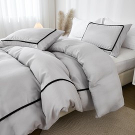 Herside Light Gray Single Bedding Set 2 Piece Cute Balck Pom Duvet Cover Set Single French Country Quilt Cover with Solid Pillowcase Soft Microfibre Cottagecore Bedding Set