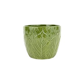 Vietri Viva Garden Green Embossed Leaves Cachepot - Handmade Terra Bianca Plant/Herb/Flower Pot - 7.5" D, 6.25" H