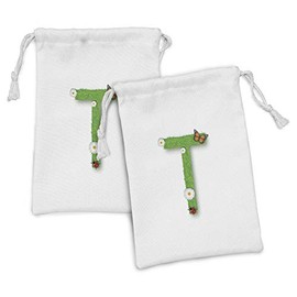 Ambesonne Letter T Fabric Pouch Set of 2, Caps T with Flourishing Fragrance Botanical Design and Ladybug Girls Theme, Small Drawstring Bag for Toiletries Masks and Favors, 9" x 6", Green Multicolor