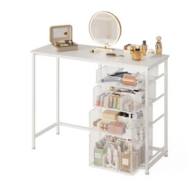 White Vanity Desk with 4 Large Drawers, 40“ Vanity Desk no Mirror, Small Makeup Vanity with Visual Large Capacity Iron Drawer with classification grid, Desks for Home Office Small Space with Storage